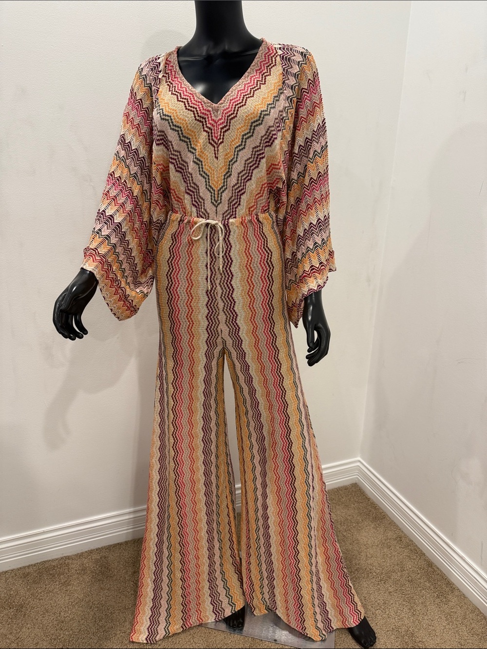 MISSONI Metallic Zigzag Knit Jumpsuit Palazzo Wide Leg Kimono Sleeves IT 40 New - Picture 1 of 15
